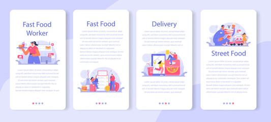 Fototapeta na wymiar Fast food catering mobile application banner set. Hamburger, shawarma