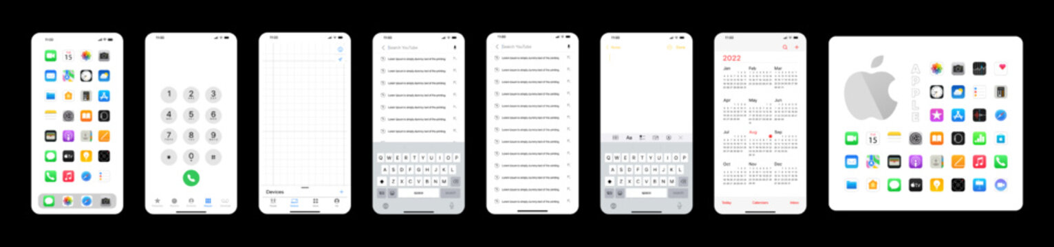 IPhones Interfaces. Apple Mockup. Apps Templates. Phone Navigation Page. Main Menu, Call Screen, Navigator, Search History, Notes, Calendar, IOS Applications Set. Editorial Vector Illustration