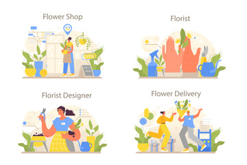 Florist concept set. Floral designer growing plants, making or arranging