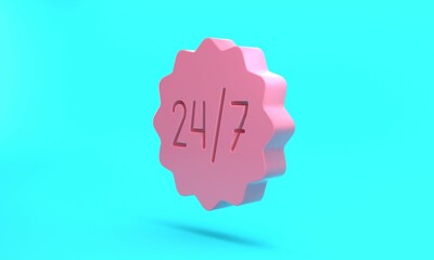 Pink Clock 24 hours icon isolated on turquoise blue background. All day cyclic icon. 24 hours service symbol. Minimalism concept. 3D render illustration