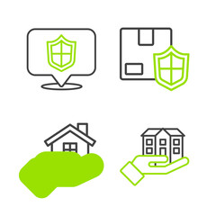 Set line House in hand, Delivery security with shield and Location icon. Vector