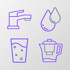 Set line Water jug with a filter, Glass water, drop and tap icon. Vector