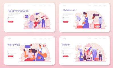 Hairdresser web banner or landing page set. Idea of hair care in salon