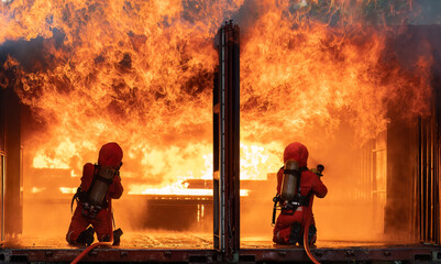 In Industry safety fire fighter team department on  training fight with gas and oil fire from the...