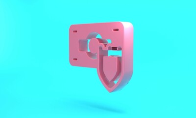 Pink Money with shield icon isolated on turquoise blue background. Insurance concept. Security, safety, protection, protect concept. Minimalism concept. 3D render illustration