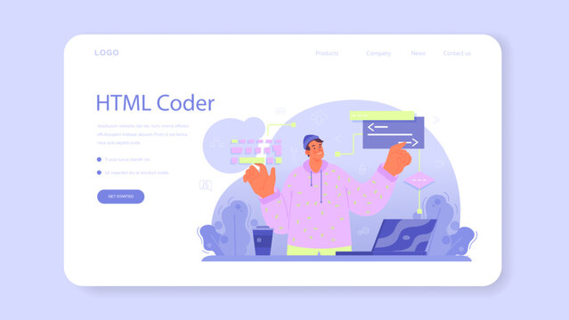 Website development web banner or landing page. HTML coding process