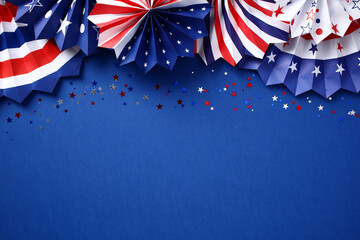 Happy Independence day USA banner mockup paper fans in American national colors and confetti stars....