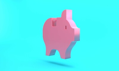 Pink Piggy bank icon isolated on turquoise blue background. Icon saving or accumulation of money, investment. Minimalism concept. 3D render illustration