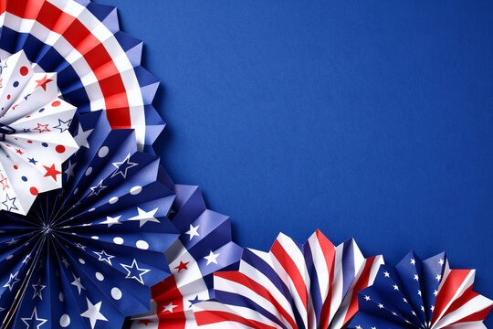 Happy Presidents Day banner mockup with paper fans on blue background. USA Independence Day, American Labor day, Memorial Day concept