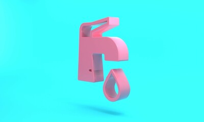 Pink Water tap icon isolated on turquoise blue background. Minimalism concept. 3D render illustration