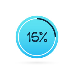 15 percent chart. Vector percentage infographic element. Blue circle isolated icon. Sign for download, growth, progress, business, finance, design