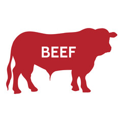 Bull icon with meat. For meat beef products, steak packaging, grill, shops, signage. Red silhouette of a bull.