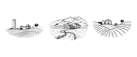 Farm icons set. Farming, production of farm products, milk, meat, bread. Label for business