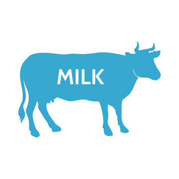 Icon cow with milk. For dairy products, milk packaging, shops, signs. Blue silhouette of a cow.