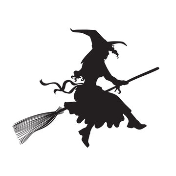 Icon witch flies on a broomstick. Simple silhouette of a cute witch for halloween, cards and invitations