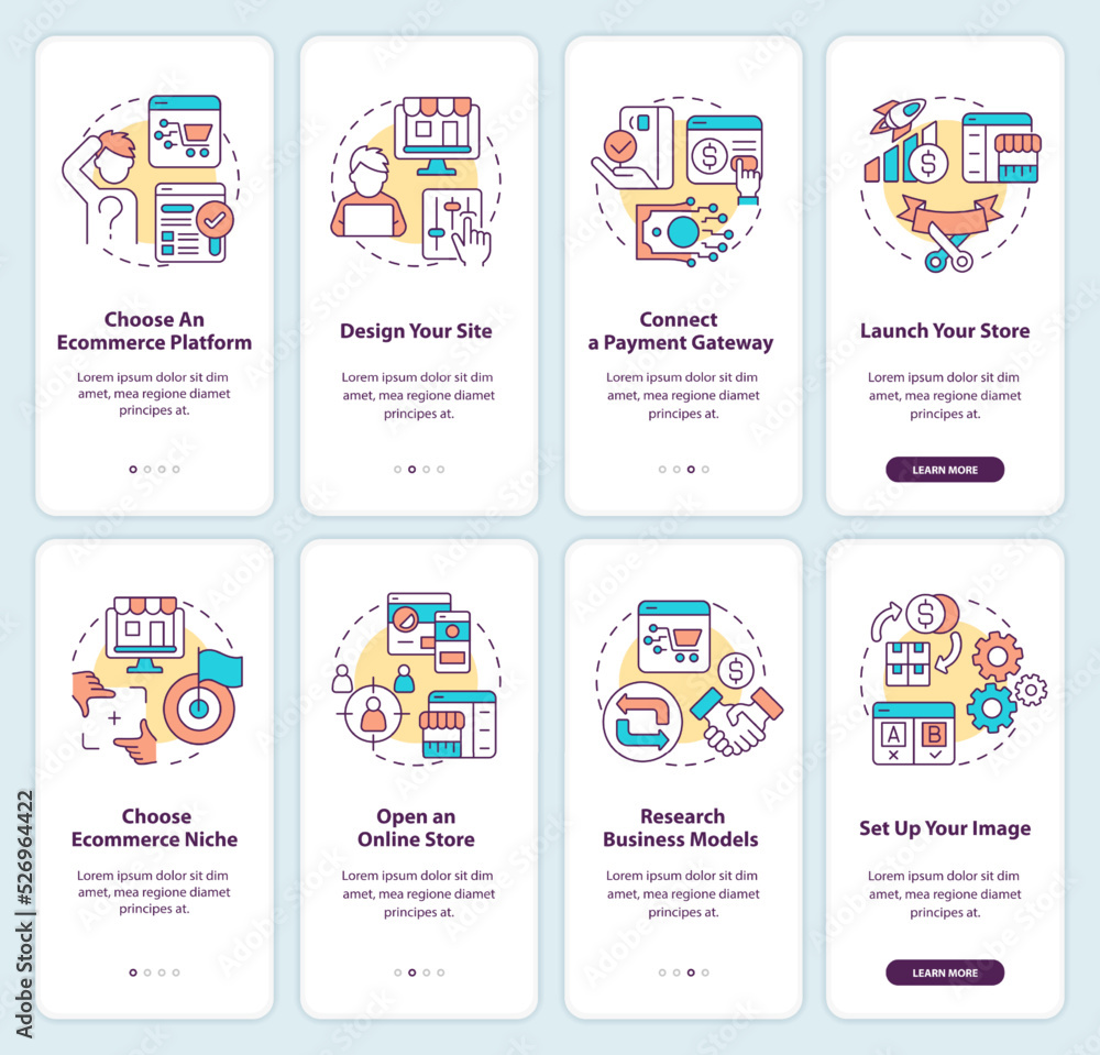 Poster online shop management onboarding mobile app screen set. startup walkthrough 4 steps editable graphi