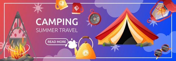 Camping promo sale banner for traveling company. Travel elements vector cartoon illustration.