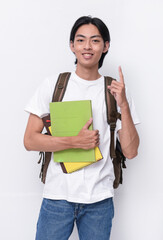 young asian student with folder with backpack with finger to up  on white background