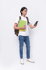 Full body young asian student with folder and mobile phone with backpack on white background