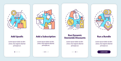 Optimizing online business onboarding mobile app screen. Walkthrough 4 steps editable graphic instructions with linear concepts. UI, UX, GUI template. Myriad Pro-Bold, Regular fonts used