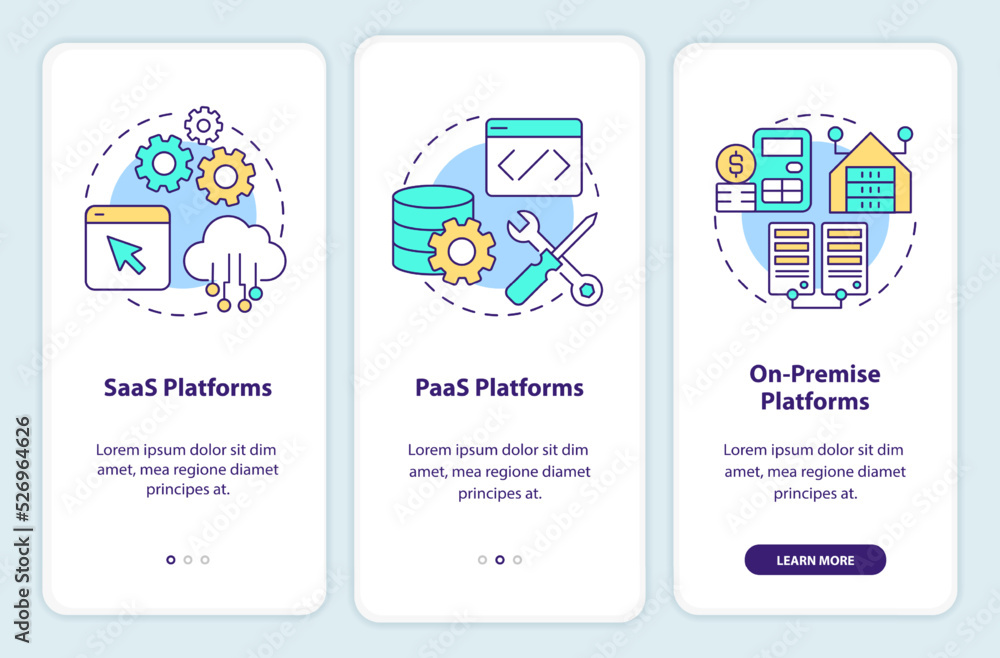 Poster types of ecommerce platforms onboarding mobile app screen. walkthrough 3 steps editable graphic inst