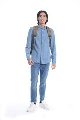 Full portrait casual  young man wearing jeans shirt, jeans with backpack isolated over white background.