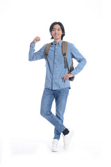 Full portrait casual  young man wearing jeans shirt, jeans with backpack with winner gesture  isolated over white background.