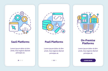 Types of ecommerce platforms onboarding mobile app screen. Walkthrough 3 steps editable graphic instructions with linear concepts. UI, UX, GUI template. Myriad Pro-Bold, Regular fonts used