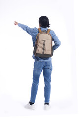 Full portrait casual  rear view young man wearing jeans shirt, jeans with backpack with finger to side isolated over white background.