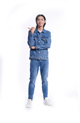 Full portrait casual  young man wearing jeans shirt, jeans with backpack with hands, thumbs up  isolated over white background.