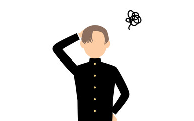 学ランを着た男子生徒、困って頭に手をやる