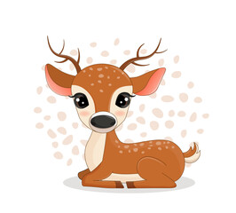 Cute deer print. Children's poster with an animal. Fawn lies drawing. Vector illustration on white background.