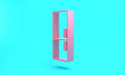 Pink Refrigerator icon isolated on turquoise blue background. Fridge freezer refrigerator. Household tech and appliances. Minimalism concept. 3D render illustration