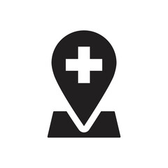 Hospital location pin icon. Medical map pointer with cross hospital icon isolated on black and white background. Vector Illustration