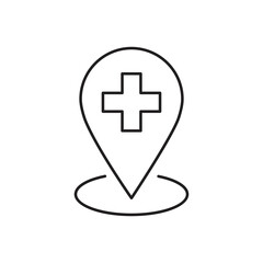Hospital location pin icon. Medical map pointer with cross hospital icon isolated on black and white background. Vector Illustration