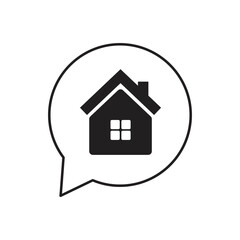 Home message vector icon. Speech bubble with house simple symbol, logo illustration. 