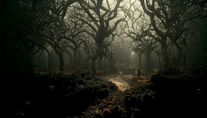 scary rainforest illustration on halloween night.3D illustration.Digital painting.