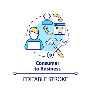 Consumer to business concept icon. Client provides professional service. C2B model abstract idea thin line illustration. Isolated outline drawing. Editable stroke. Arial, Myriad Pro-Bold fonts used