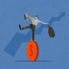 Senior businessman dancing on huge coins with dollar sign on blue background. Concept of earning, saving and investing money. Art collage - obrazy, fototapety, plakaty