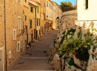 Fototapeta na wymiar large staircase between houses and stone walls with prickly pears