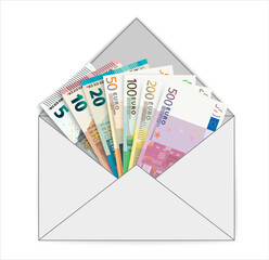 Envelope with 5, 10, 20, 50, 100, 200 and 500 Euro banknotes on white background