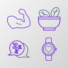 Set line Smart watch, Sleepy, Salad in bowl and Bodybuilder muscle icon. Vector