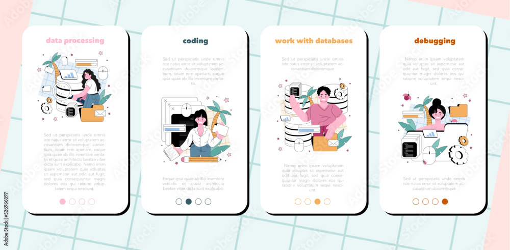 Poster big data analytics mobile application banner set. big data specialist