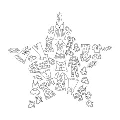 Fototapeta na wymiar Set of funny pajamas and nightgowns, pillows and fireboxes arranged in a star composition. Vector illustration of hand-drawn elements in a linear doodle style and isolated on a white. coloring book