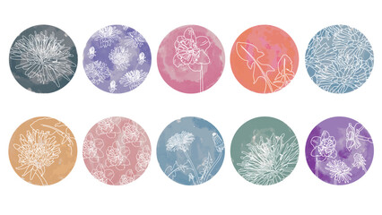 Highlight cover set, abstract floral botanical icons for social media. vector illustration. watercolor design. set of story highlights covers icons. colorful watercolor background