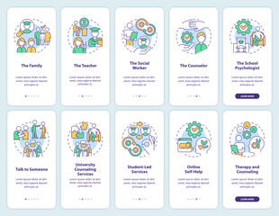 Help students with mental health onboarding mobile app screen set. Walkthrough 5 steps editable graphic instructions with linear concepts. UI, UX, GUI template. Myriad Pro-Bold, Regular fonts used