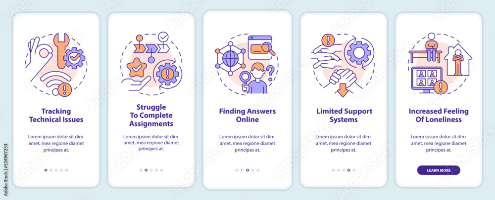 Poster digital learning stress onboarding mobile app screen. feeling lonely walkthrough 5 steps editable gr