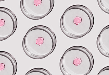 Many laboratory glass petri dish with drop of water, serum, oil, beauty product. Natural medicine, cosmetic research, bio science pattern. Concept of skincare, analysis. Dermatology. Flat lay