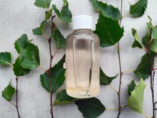 Woda brzozowa naturalna w butelce na tle liści
