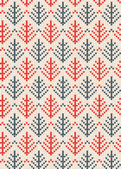 Christmas Scandinavian flat style white and blue knitted seamless pattern with trees